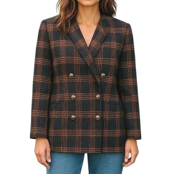 Le Suit Blazer Size 22 Wool Blend Brown Black Glen Plaid Double Breasted Long - Picture 1 of 10